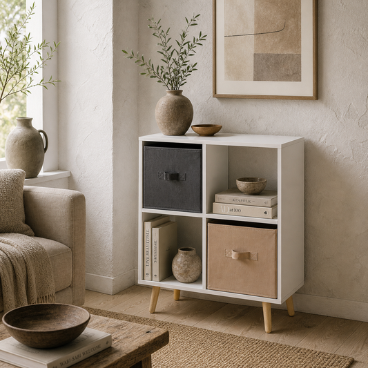 Momo Wooden Neutral Finish 4 Cube Storage Unit With 2 Fabric Drawers