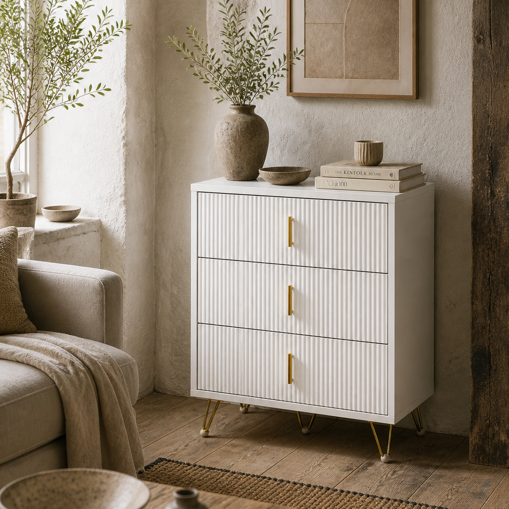 Tempette Wood White And Gold Tone Elegant 3 Ribbed Drawer Storage Chest