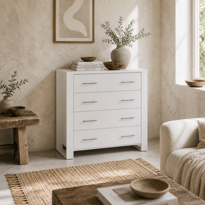 Moyota Wooden White 4 Drawer Storage Chest With Silver Metal Handles