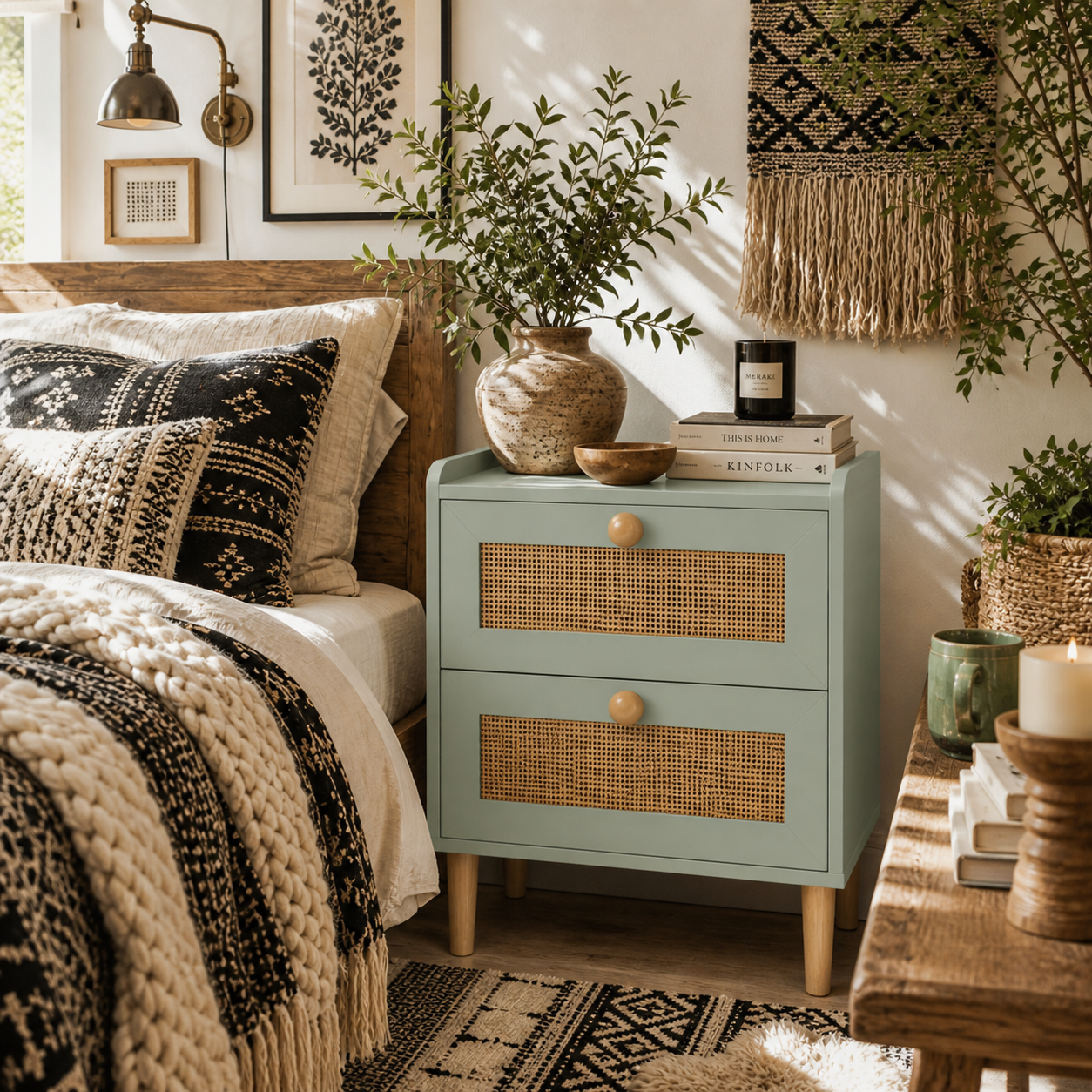 Reka Boho Olive Green Wood And Rattan 2 Drawer Bedside Table