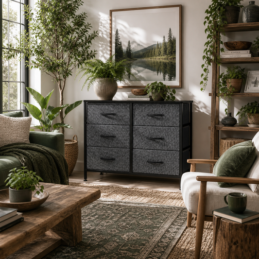 Veroso Black Metal And Grey Fabric Black 6 Drawer Industrial Storage Dresser