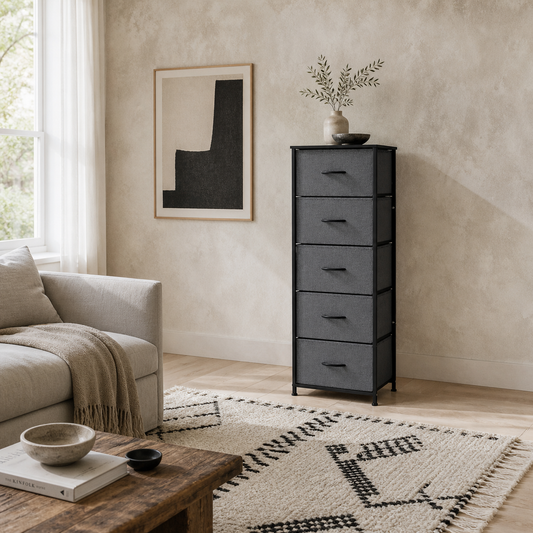 Ralora Metal And Fabric Dark Grey 5 Drawer Industrial Storage Dresser With Steel Frame
