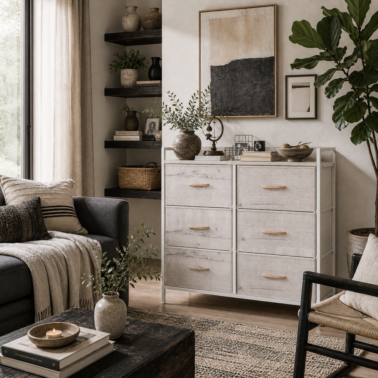 Rile Grey Fabric And Wood 7 Drawer Storage Chest