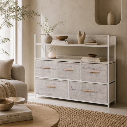 Nakatte White Metal and Grey Fabric 5 Drawer Storage Chest