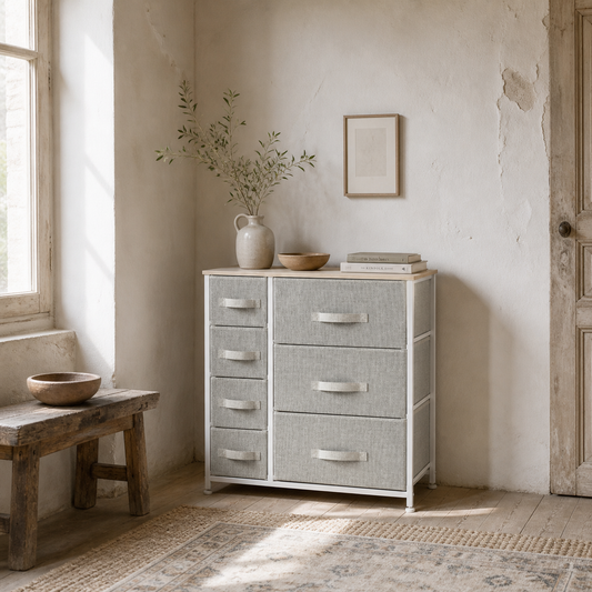 Lireta White Metal And Grey Fabric 7 Drawer Storage Chest with Natural Wooden Top