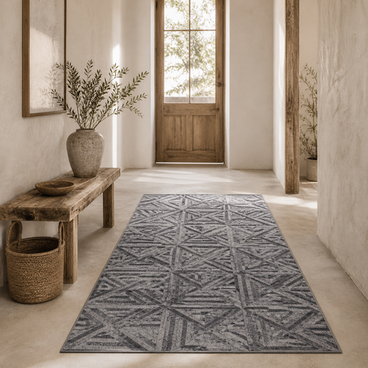 Yolura Lara Chenille Black Triangle Pattern Non Slip Washable Rug 230 x 160 cm