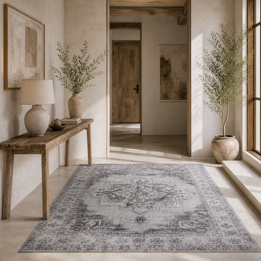 Vera 290 x 200 cm Polyester Grey Vintage Style Non Slip Washable Rug