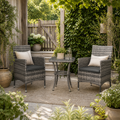 Sami Rattan Grey 3 Piece Garden Bistro Set With 2 Tier Table And Cushions