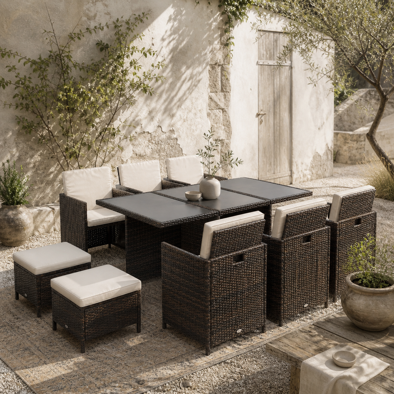 Mafa Rattan Brown 10 Seater Cube Outdoor Dining Set With Cushions And Rectangular Glass Table