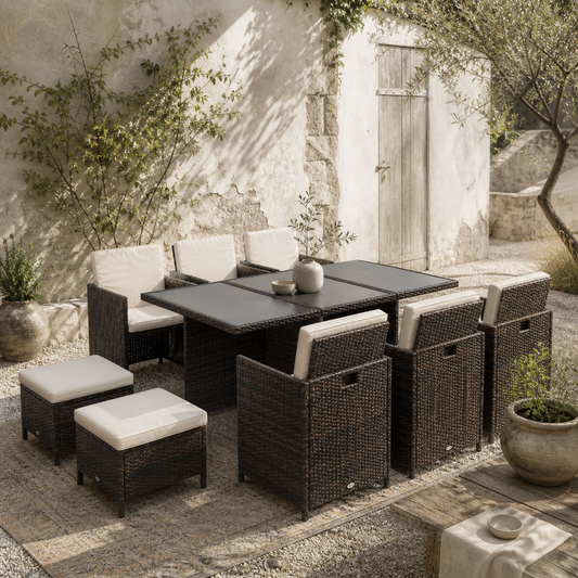 Mafa Rattan Brown 10 Seater Cube Outdoor Dining Set With Cushions And Rectangular Glass Table