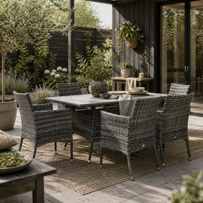 Zila 6 Seater Rattan Grey Outdoor Dining Set With Cushioned Armchairs And Glass Table
