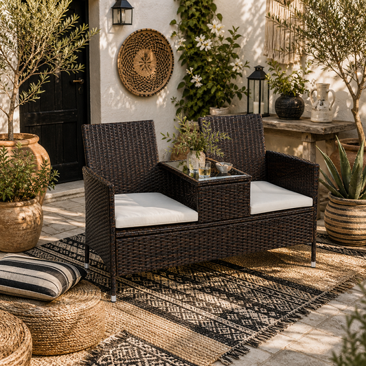 Vimivi Rattan Brown 2 Seater Outdoor Chair Set With Integrated Bistro Table