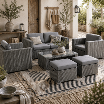 Reelne 6 Seater Rattan Grey Outdoor Sofa Set With Aluminium Frame Loveseat Stools And Table
