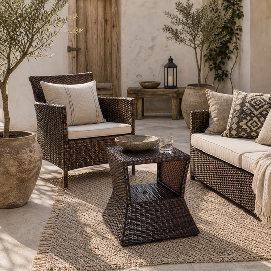 Lekavi Rattan Brown Outdoor Coffee Table With Umbrella Open And Shelf