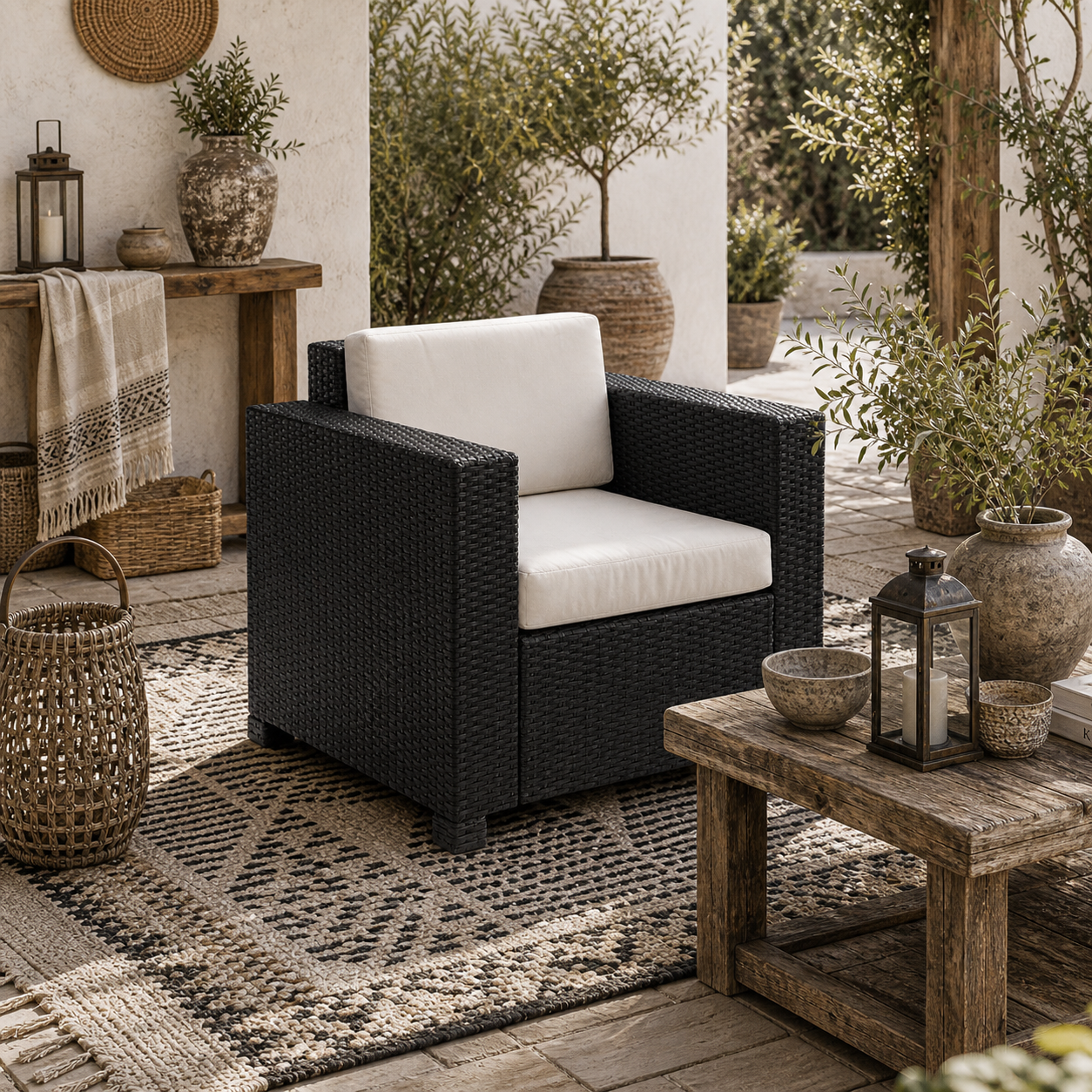 Raco Rattan Black Single Outdoor Armchair With Thick Cushioned Seat And Armrests