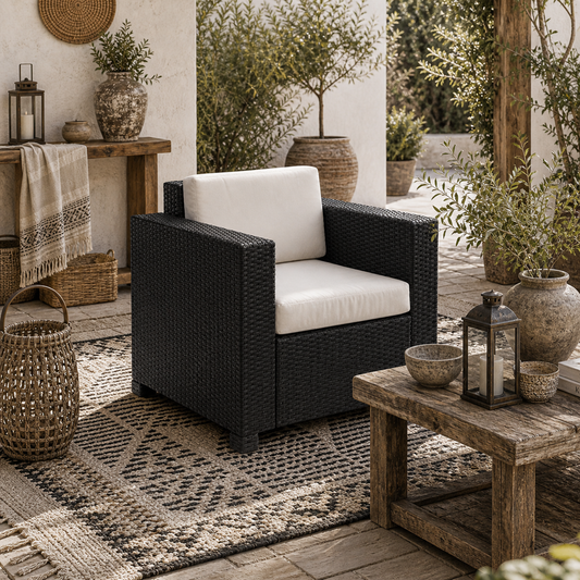 Raco Rattan Black Single Outdoor Armchair With Thick Cushioned Seat And Armrests