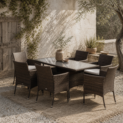 Dine Rattan Brown 6 Seater Outdoor Dining Set With Cushioned Armchairs And Rectangular Glass Table