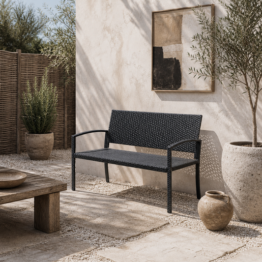 Vasu Rattan Black 2 Seater Outdoor Garden Bench With Armrests And Reinforced Backrest