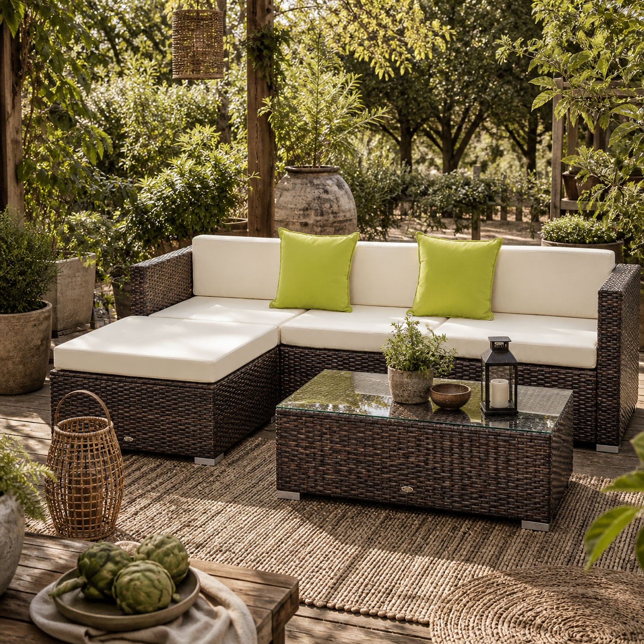 Milo Rattan Brown 4 Seater Outdoor Corner Sofa Set Cream Cushions