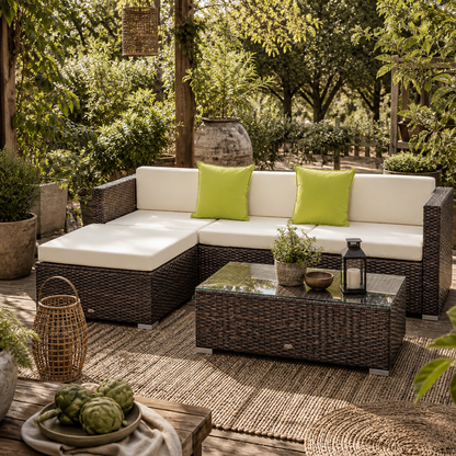 Milo Rattan Brown 4 Seater Outdoor Corner Sofa Set Cream Cushions