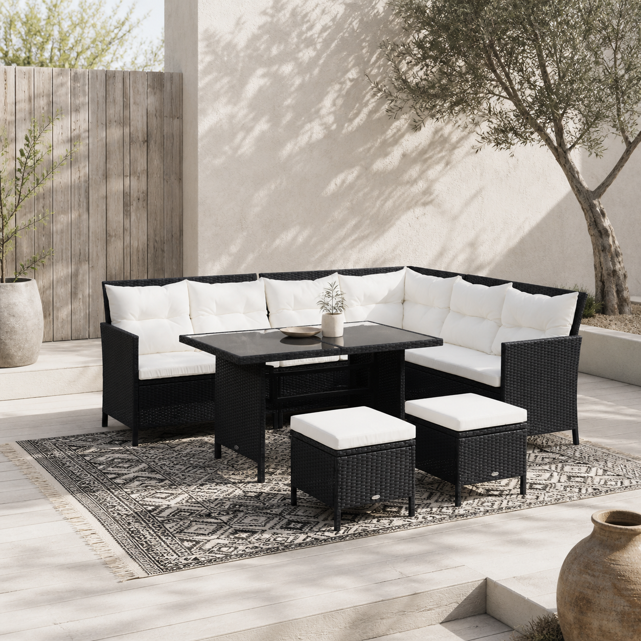 Semapa Rattan Black 8 Seater Corner Dining Sofa Set With Coffee Table Footstool And White Cushions