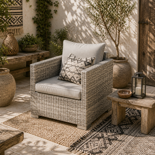 Karettano Rattan Grey Single Outdoor Armchair With Cushions And Armrests