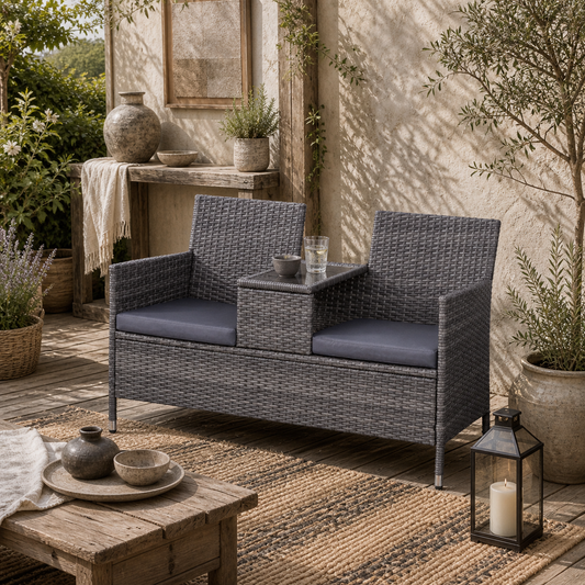 Tapata Rattan Grey 2 Seater Outdoor Garden Bench With Central Table
