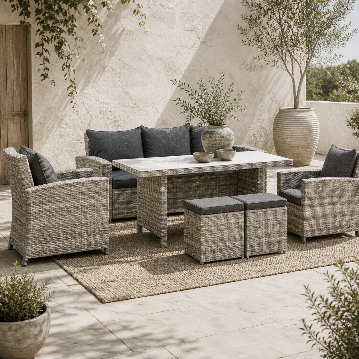 Vire Light Grey Rattan 7 Seater Outdoor Dining Set With Armchairs Footstools Glass Table And Cushions