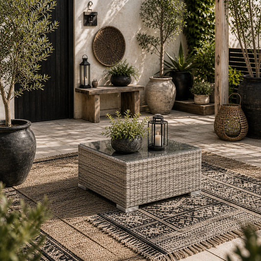 Vimito Rattan Light Grey Square Outdoor Side Table With Glass Top