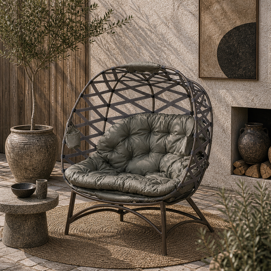 Stitzza Woven Rattan Sand Brown 2 Seater Folding Egg Chair With Cushions And Cup Holders