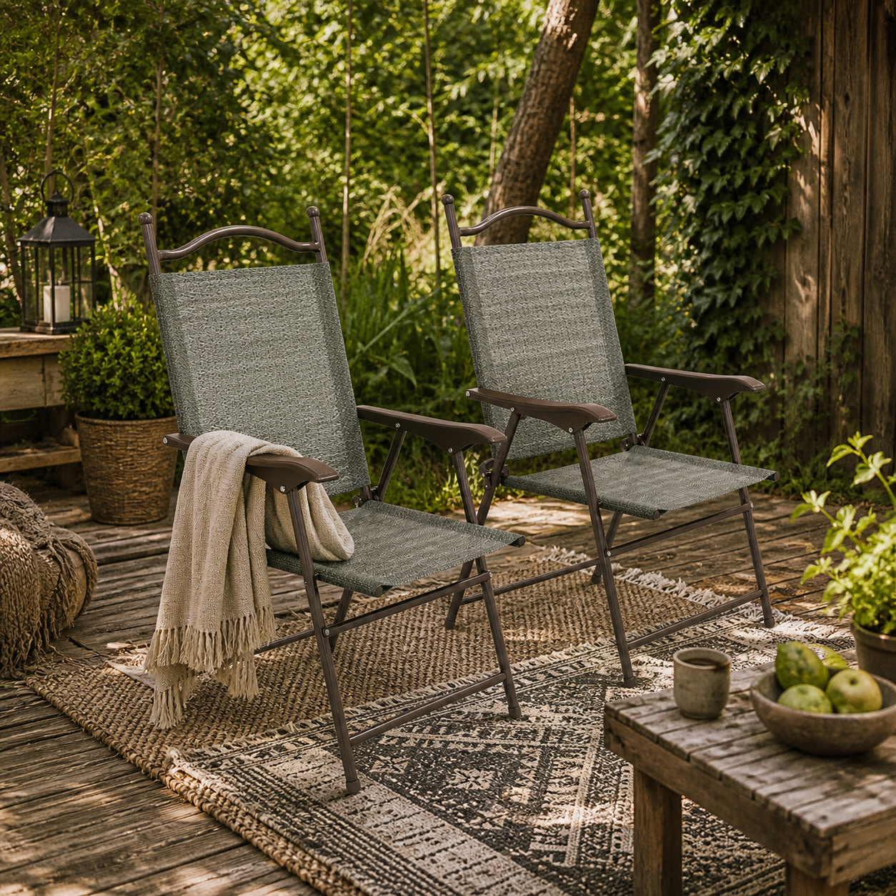 Rone Bari Set Of 2 Metal Dark Grey Folding Garden Chairs With Fabric Mesh Seats