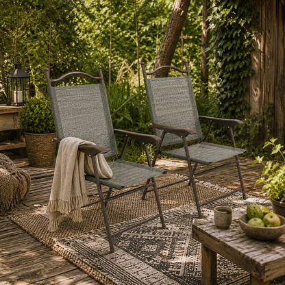 Rone Bari Set Of 2 Metal Dark Grey Folding Garden Chairs With Fabric Mesh Seats