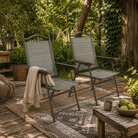 Rone Bari Set Of 2 Metal Dark Grey Folding Garden Chairs With Fabric Mesh Seats