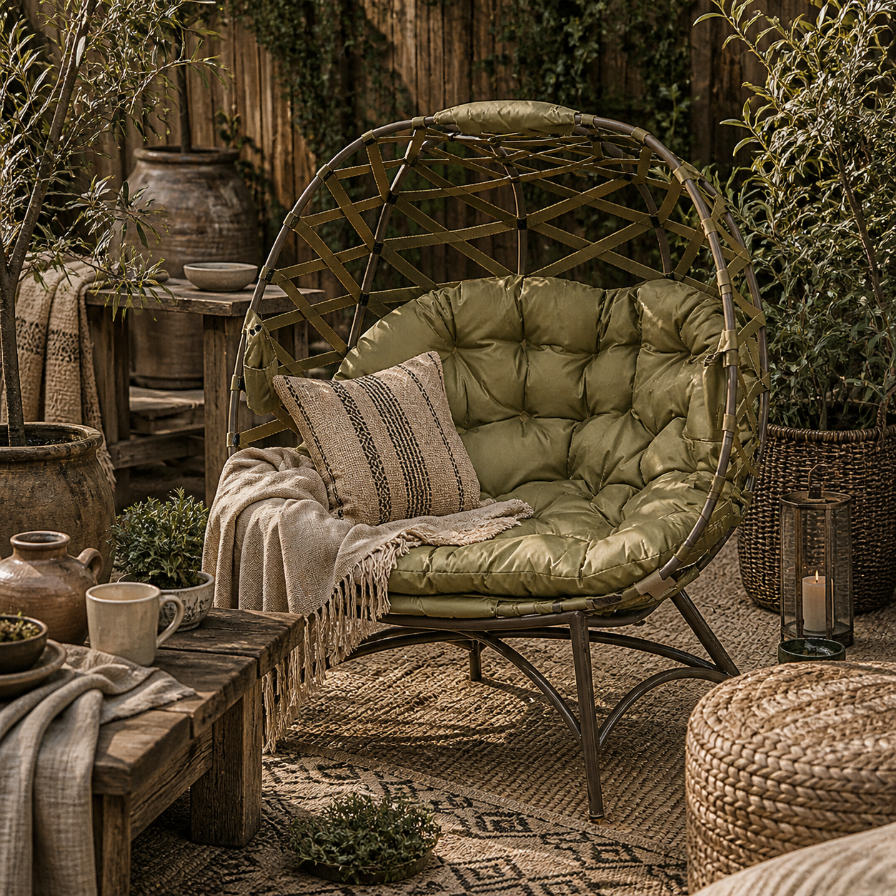 Vere Woven Rattan Khaki 2 Seater Folding Egg Chair With Cushions And Cup Holders