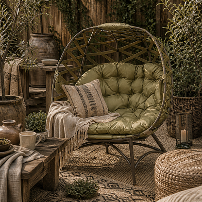Vere Woven Rattan Khaki 2 Seater Folding Egg Chair With Cushions And Cup Holders