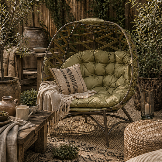 Vere Woven Rattan Khaki 2 Seater Folding Egg Chair With Cushions And Cup Holders