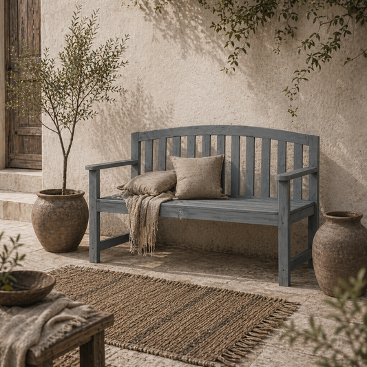 Tola 143cm Grey Wood 2 Seater Garden Bench With Armrests Slatted Frame