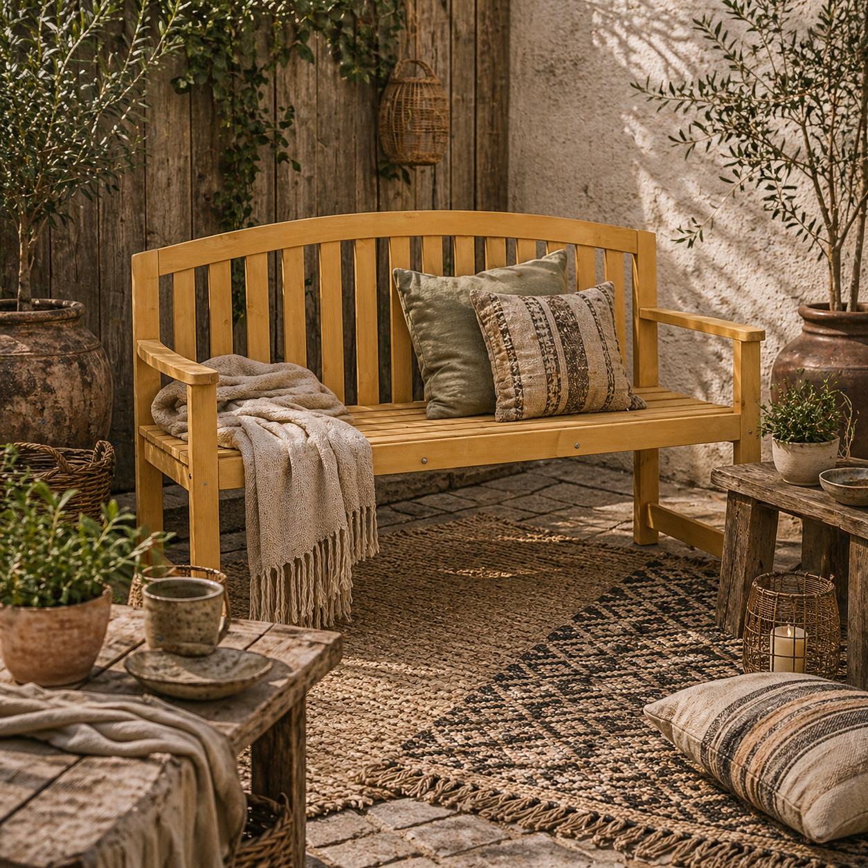 Tola 143cm Natural Wood 2 Seater Garden Bench With Armrests Slatted Frame