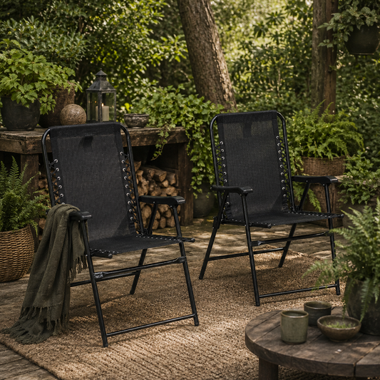 Palo Set Of 2 Metal Black Folding Outdoor Lounger Chairs With Armrests