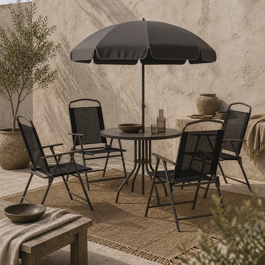 Jattare 4 Seater Metal and Mesh Black Garden Dining Set With Parasol Folding Chairs And Glass Table