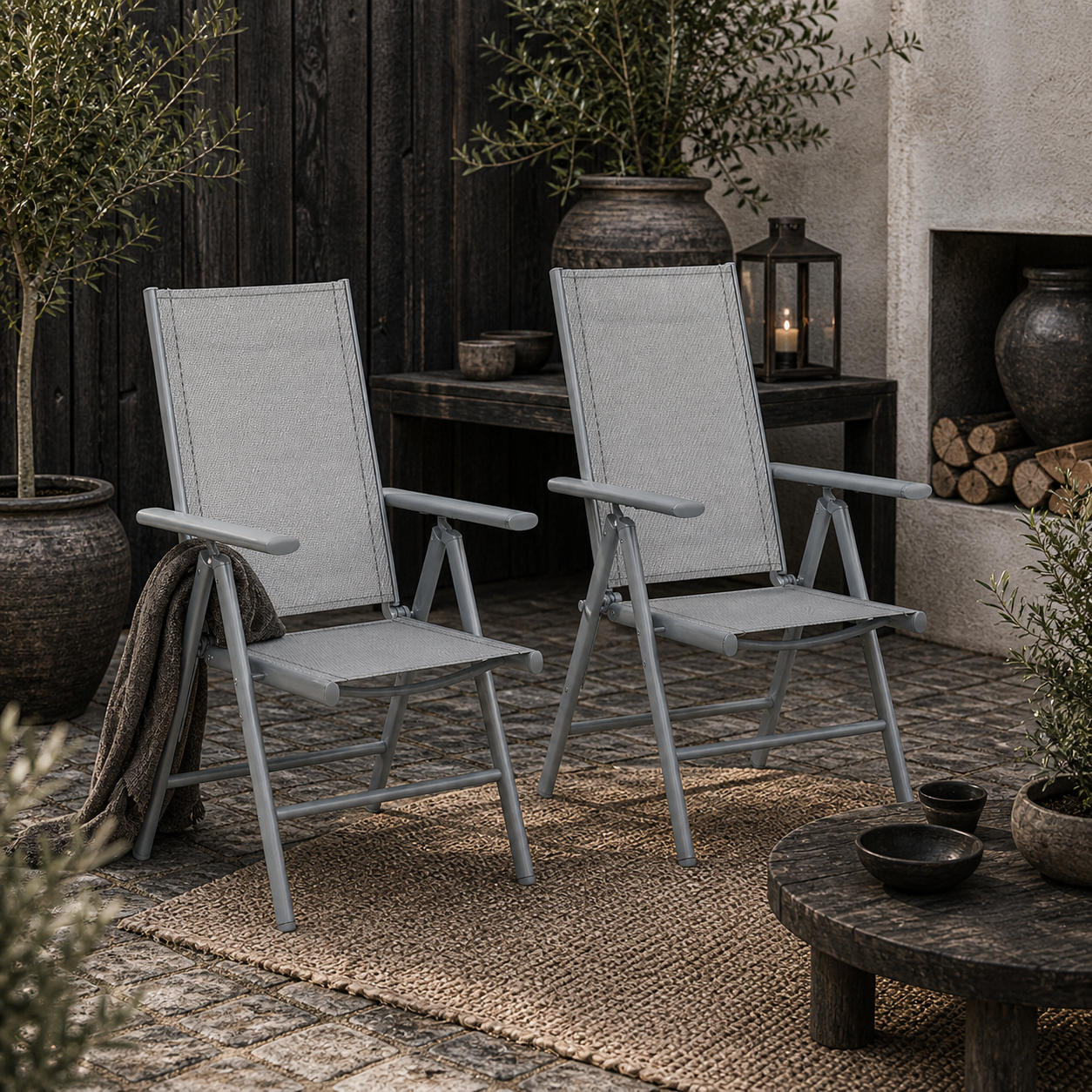 Mina Set of 2 Aluminium Light Grey Folding Outdoor Dining Chairs with Breathable Mesh