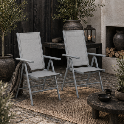 Mina Set of 2 Aluminium Light Grey Folding Outdoor Dining Chairs with Breathable Mesh