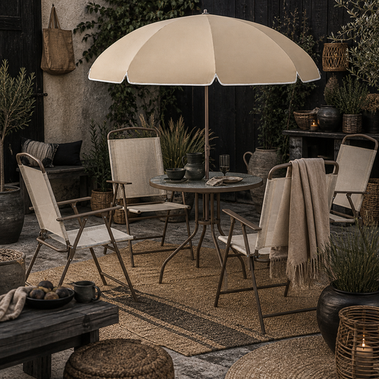 Jattare 4 Seater Metal and Mesh Cream Garden Dining Set With Parasol Folding Chairs And Glass Table