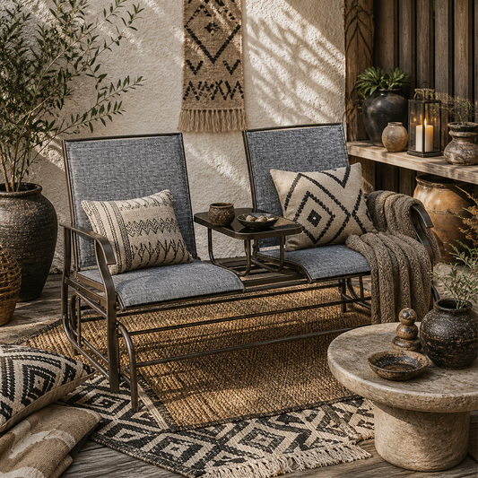 Mukatti  Metal Brown And Grey 2 Seater Garden Glider Bench With Glass Top Centre Table