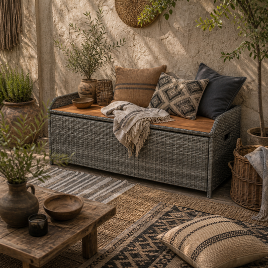 Vane Rattan Grey Outdoor Storage Bench Box With Natural Wood Effect Lid