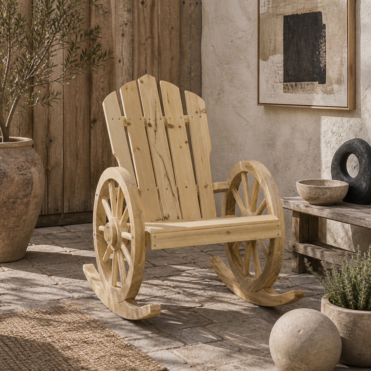 Elna Favi Natural Wood Adirondack Style Outdoor Rocking Armchair With Reclining Back