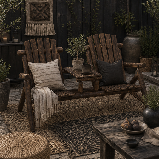 Basaveva Wood Natural Jack And Jill 2 Seater Garden Bench With Centre Coffee Table