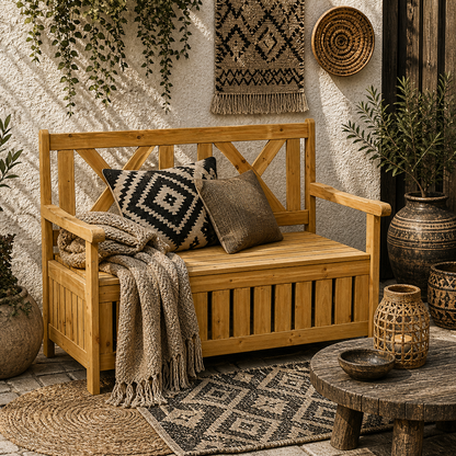 Letore Wood Natural 2 Seater Outdoor Garden Storage Bench Slatted Frame