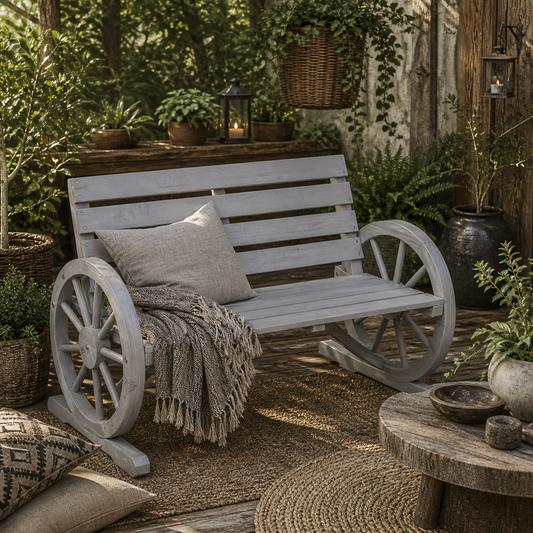 Linifi Wood Grey Rustic 2 Seater Garden Bench With Wagon Wheel Arms And High Back