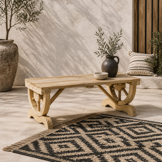 Bave Pana Wood Natural Rustic 2 Seater Garden Bench With Wagon Wheel Legs And Slatted Seat